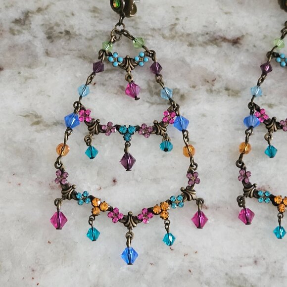 RARE VINTAGE SORRELLI FLOWER FLORAL CRYSTAL DROP DANGLE CHANDELIER EARRINGS - Picture 2 of 13